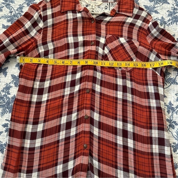 Linda Anderson Shirt Casual Button Up Plaid Unconventional Lace Red & White Sz S - Picture 9 of 11